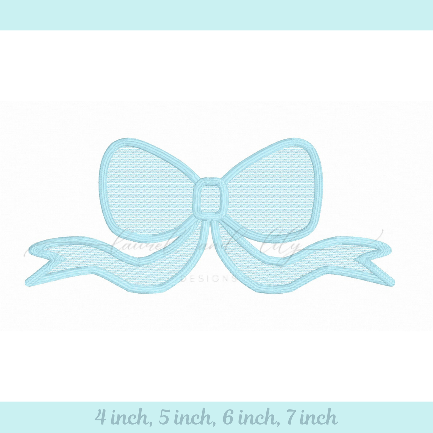 Light blue bow design on a white background with size options displayed.