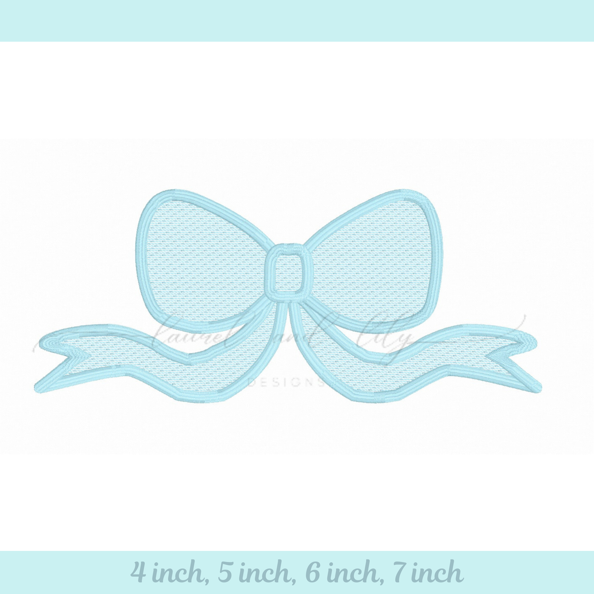 Light blue bow design on a white background with size options displayed.