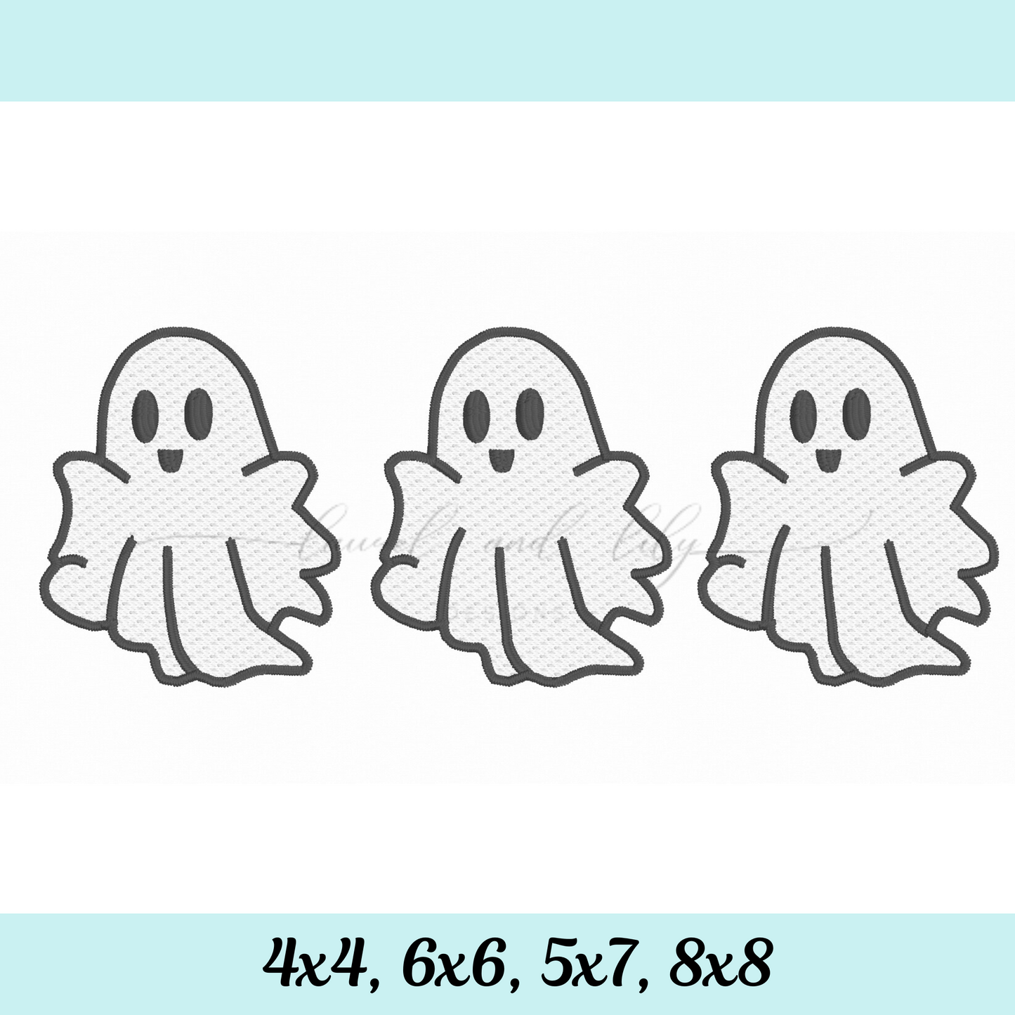 Three embroidered ghosts with size options displayed below on a light blue background