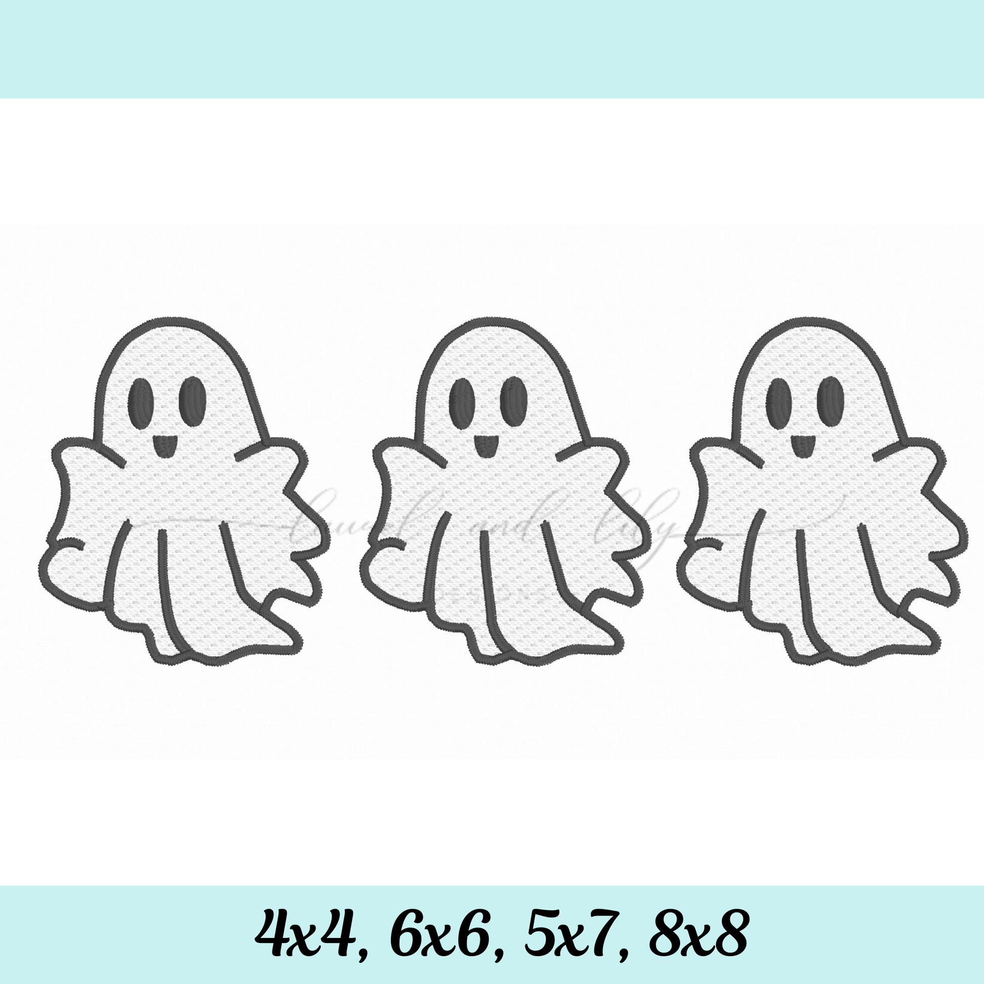 Three embroidered ghosts with size options displayed below on a light blue background