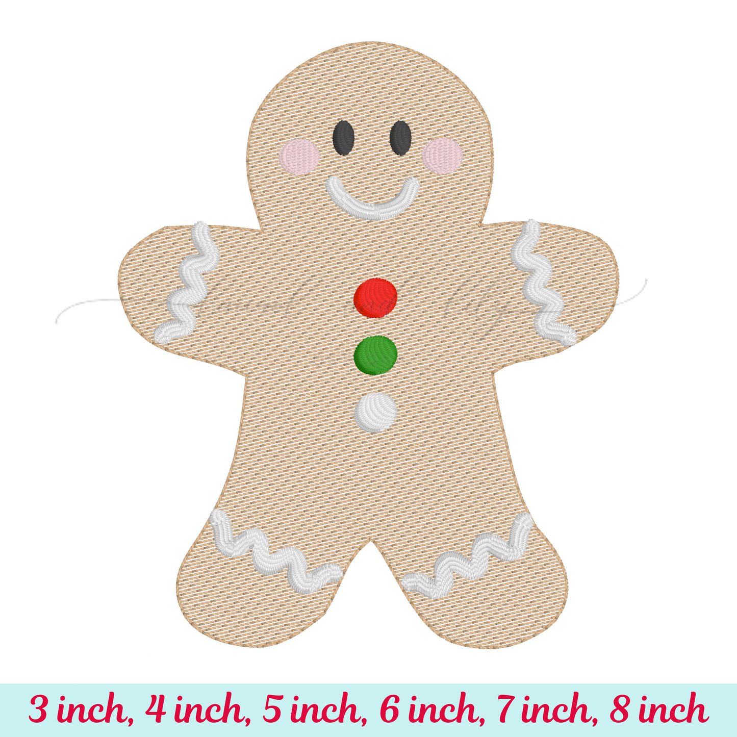 Gingerbread man design with size options on a white background