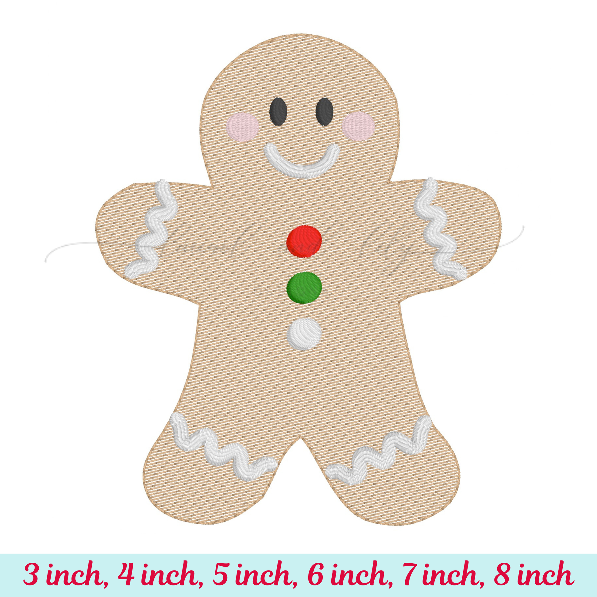 Gingerbread man design with size options on a white background