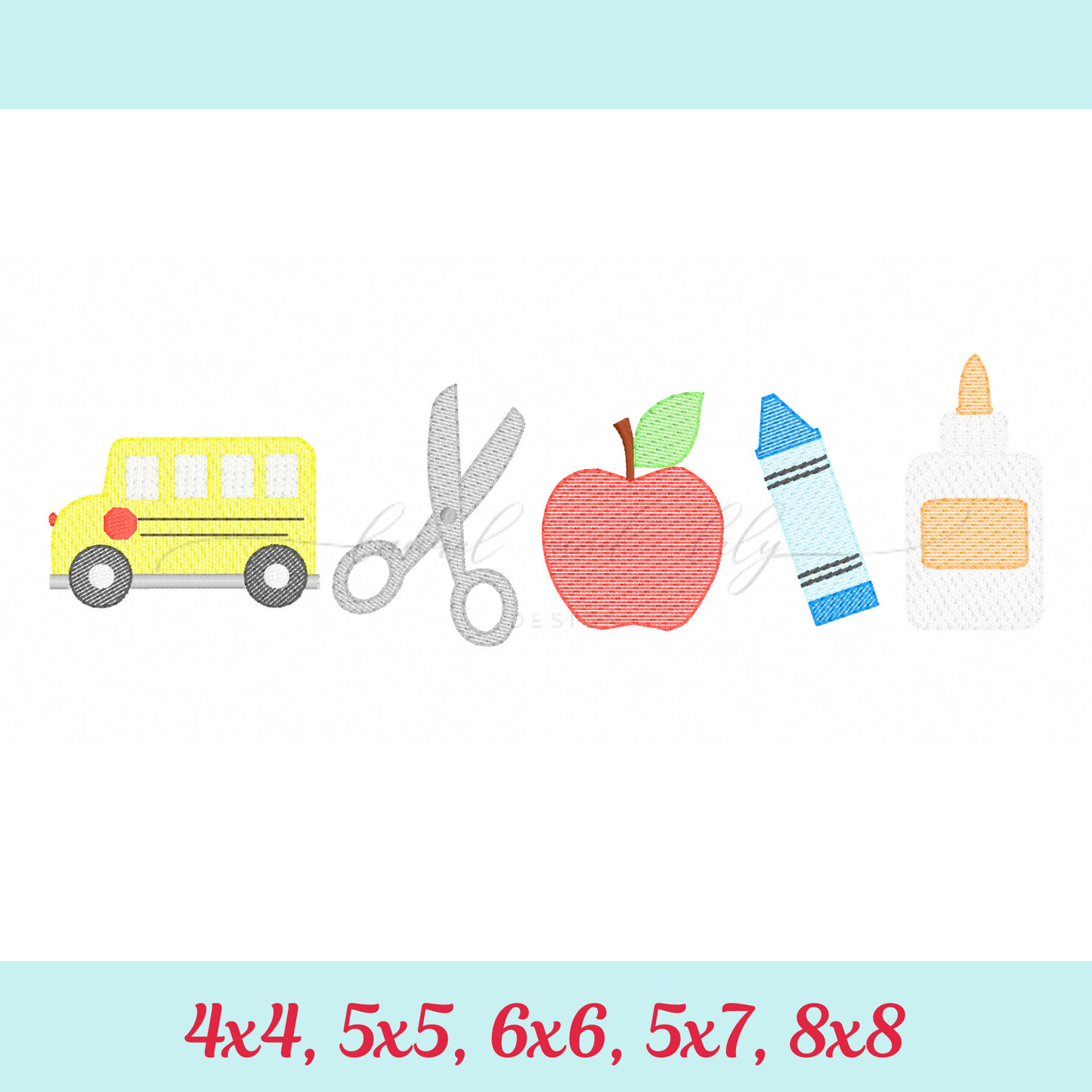 School Embroidery, Machine Embroidery Design, School Bus, Scissors, Apple, Crayon, Glue, Sketch Fill Stitch, School Supplies, Back to School