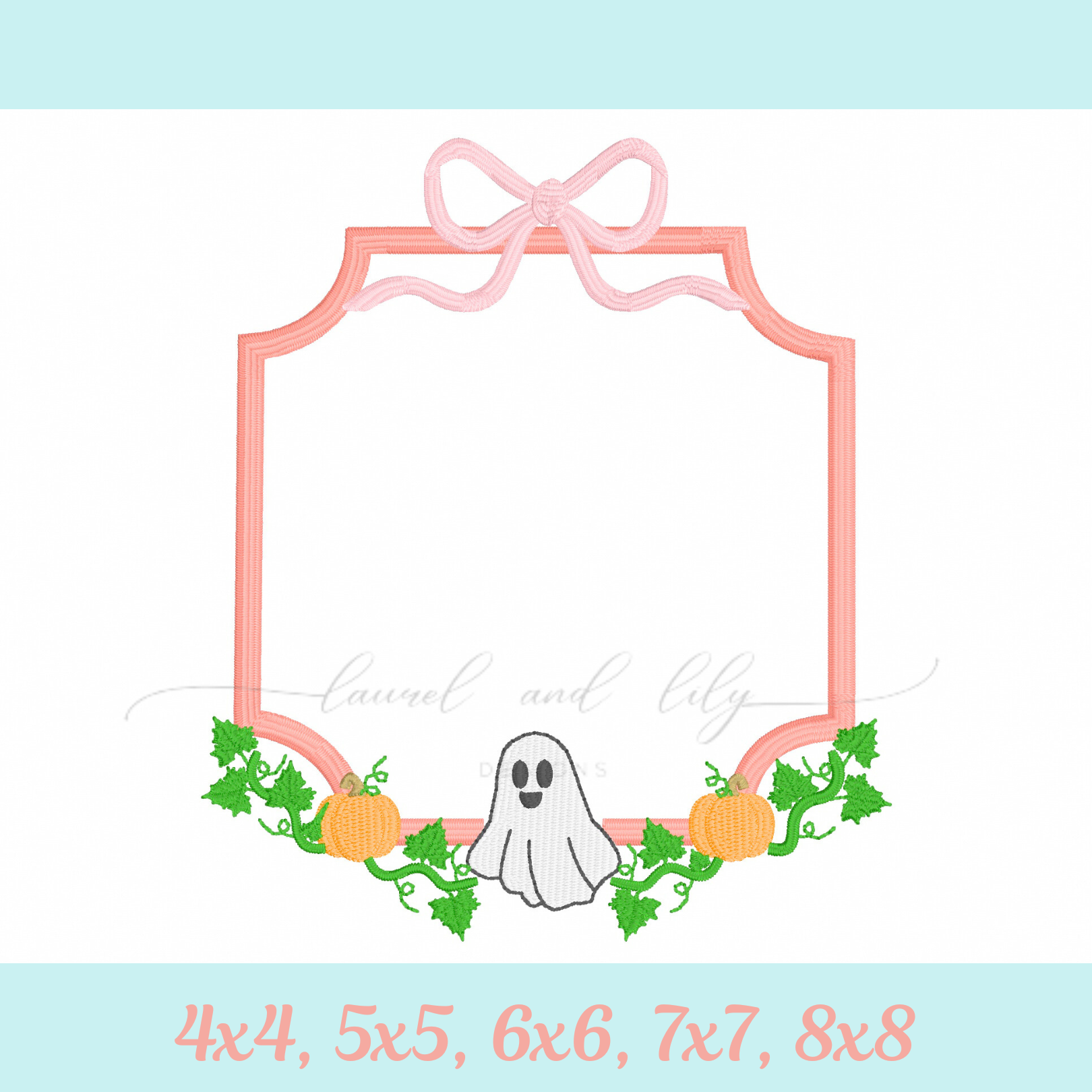 Decorative monogram frame with a ghost, pumpkins, and a bow