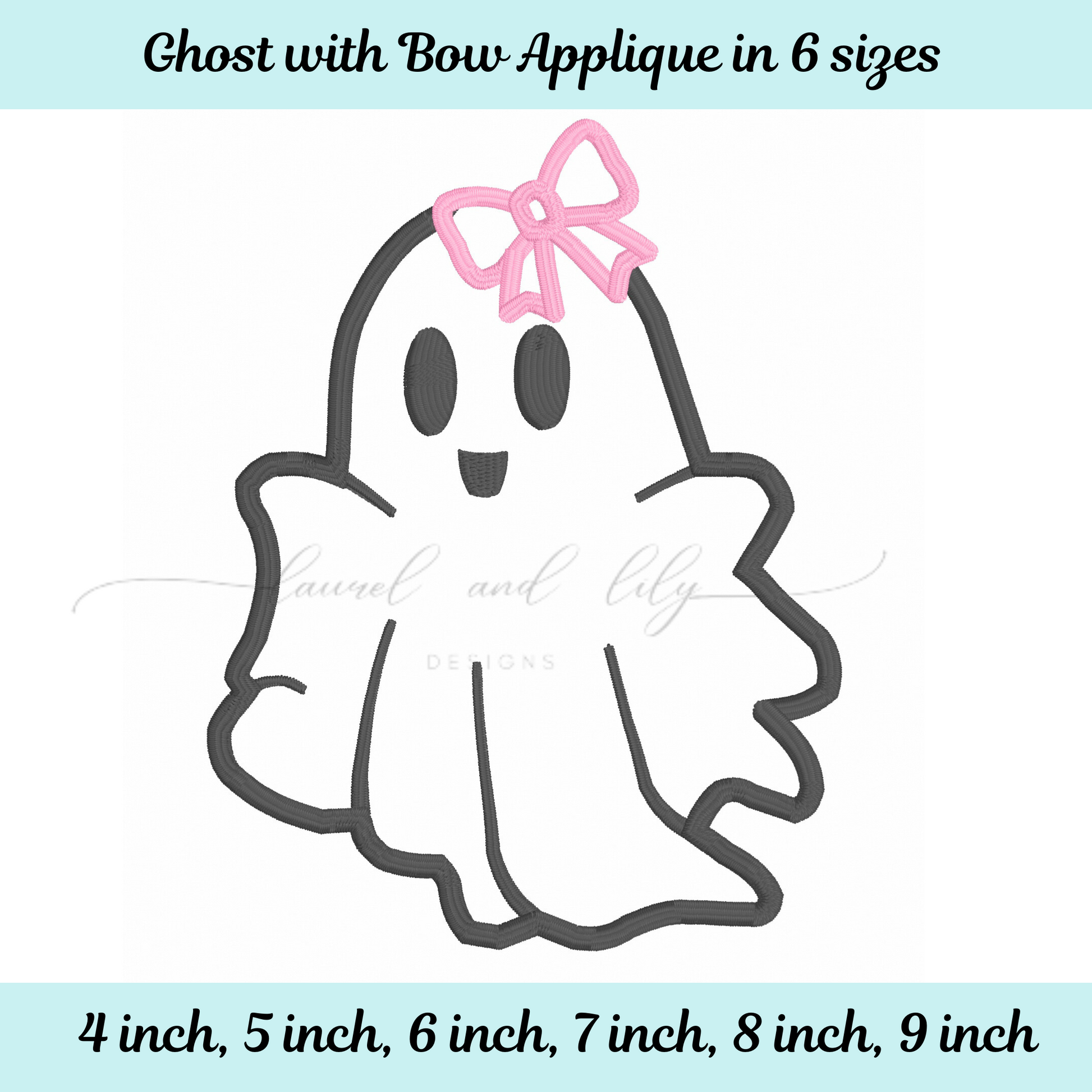 Ghost with bow applique in various sizes on a light blue background