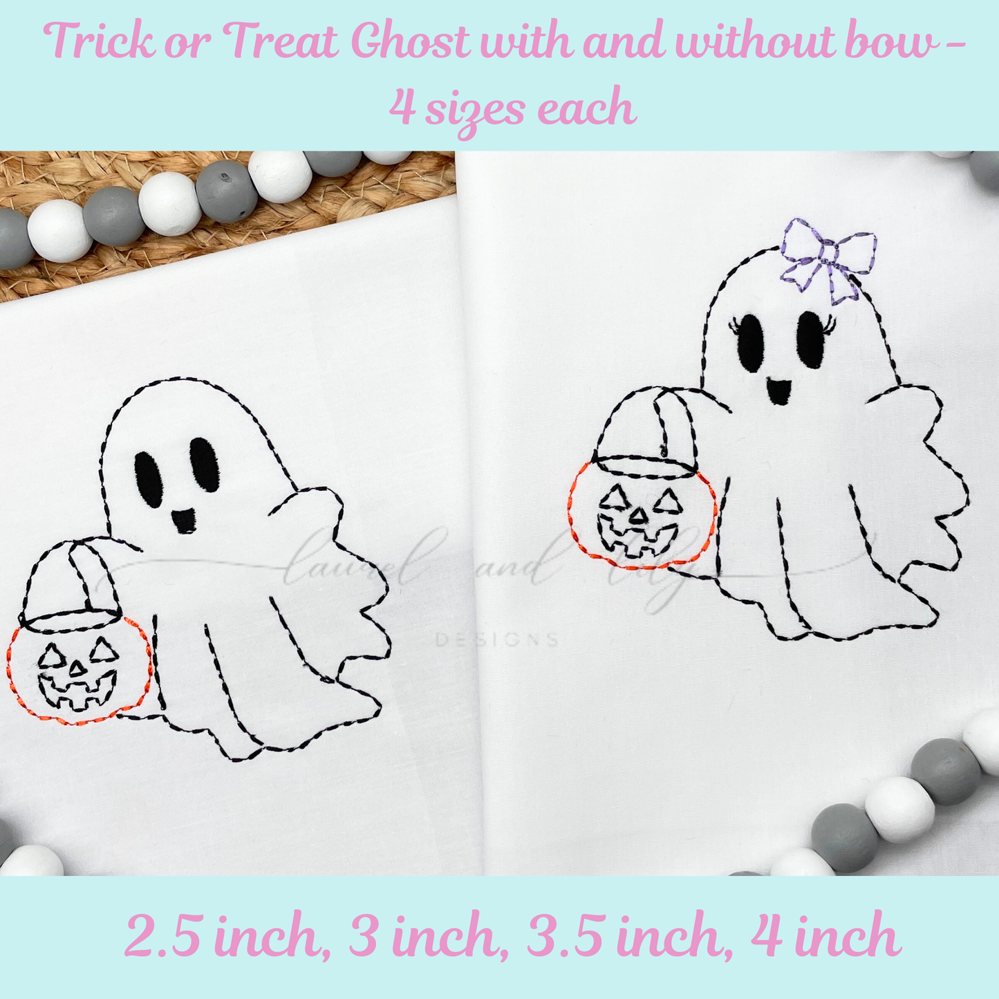Trick or Treat Ghost with and without Bow Embroidery Design, Machine Embroidery, Sashiko Stitch, Halloween Embroidery (Digital Download)