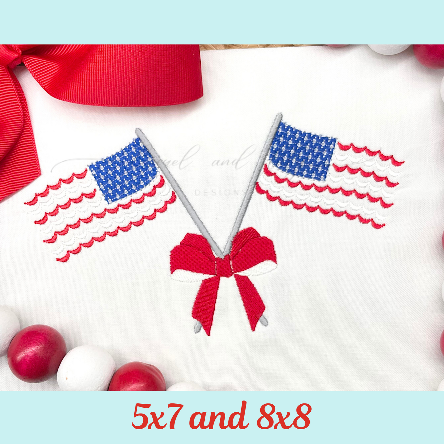 American Flags with Bow, Hoop Size 5x7 and 8x8