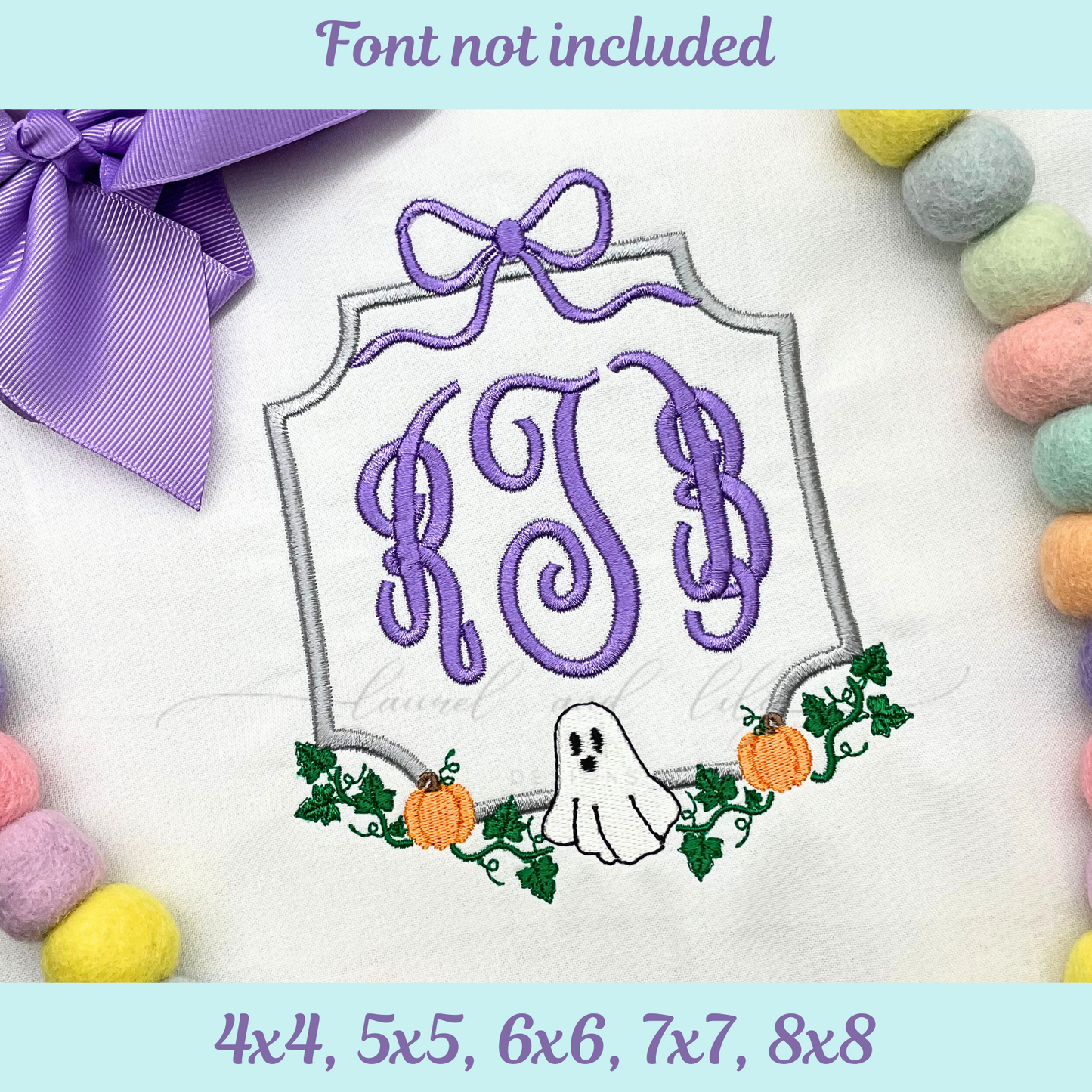 Monogram design with purple letters, ghost, pumpkins, and bow on a white background with colorful pom-poms.
