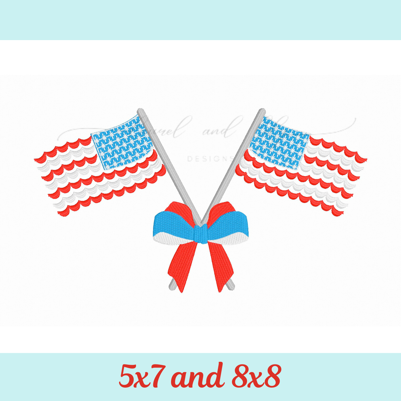 American Flags with Bow, Hoop Size 5x7 and 8x8