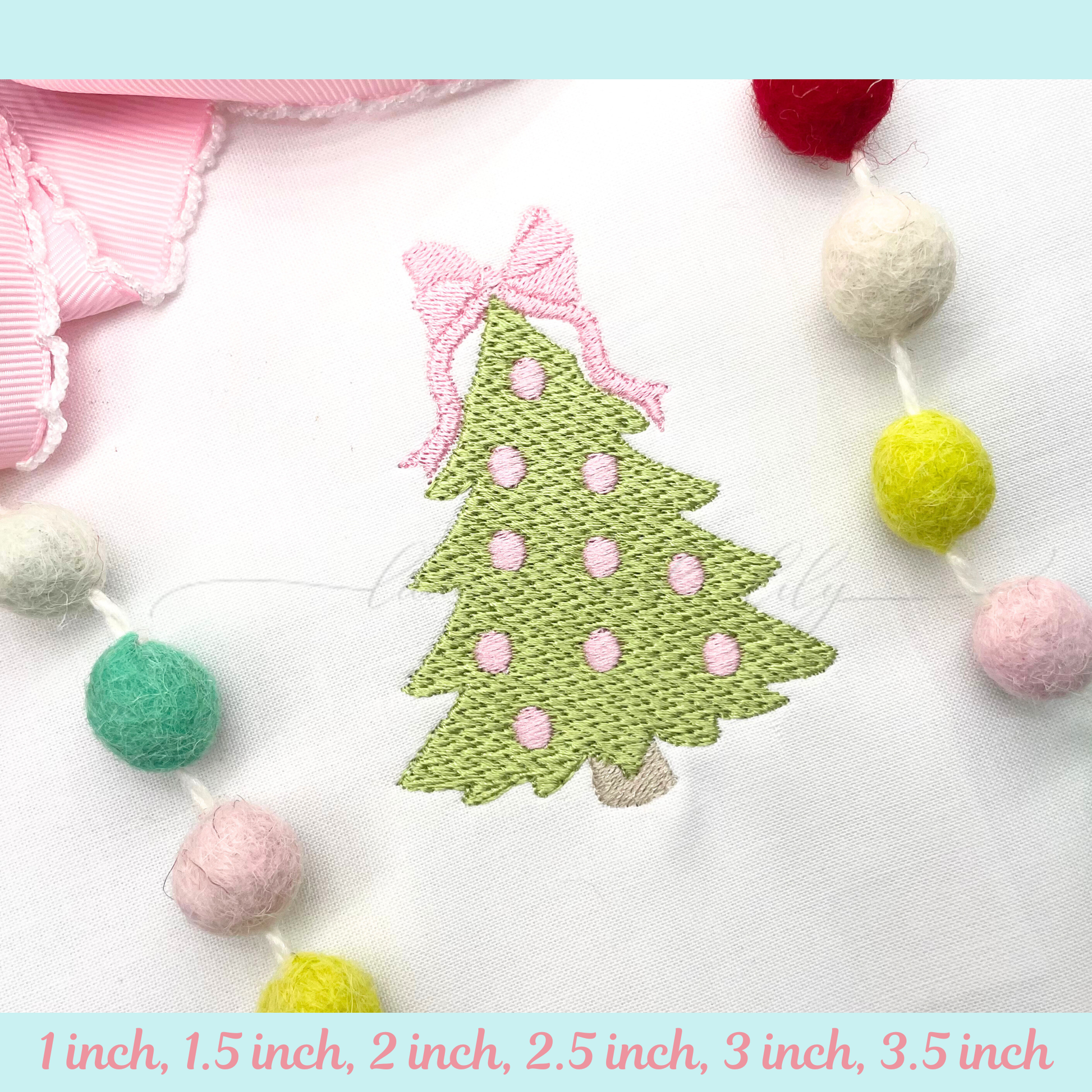 Green Christmas tree with a pink bow on a white background